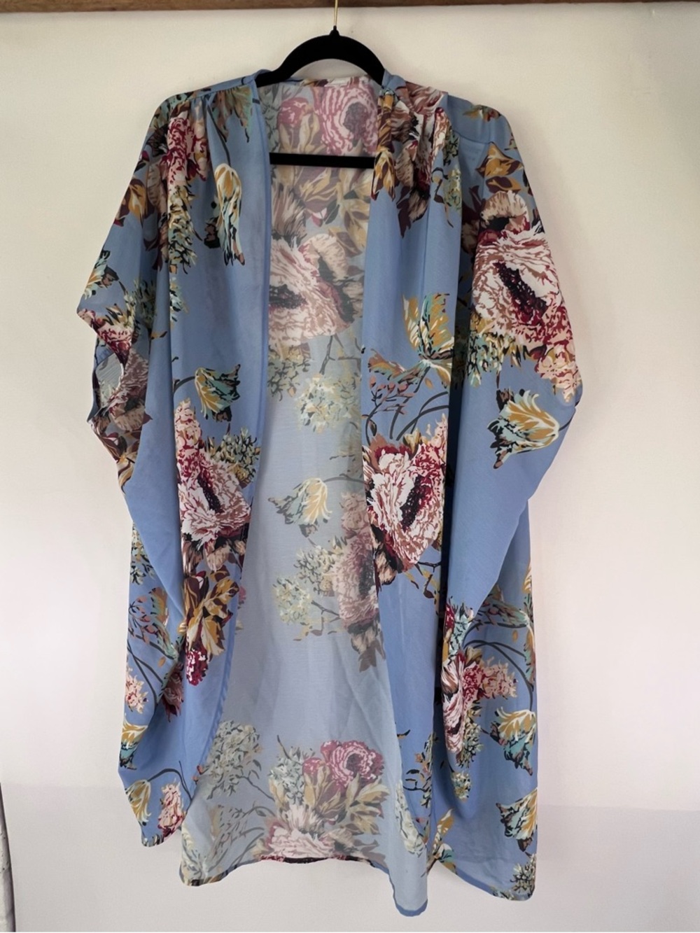 Blue Floral Sheer Kimono Cover-Up Duster Large Boho Cottage Hippie Gypsy Beach